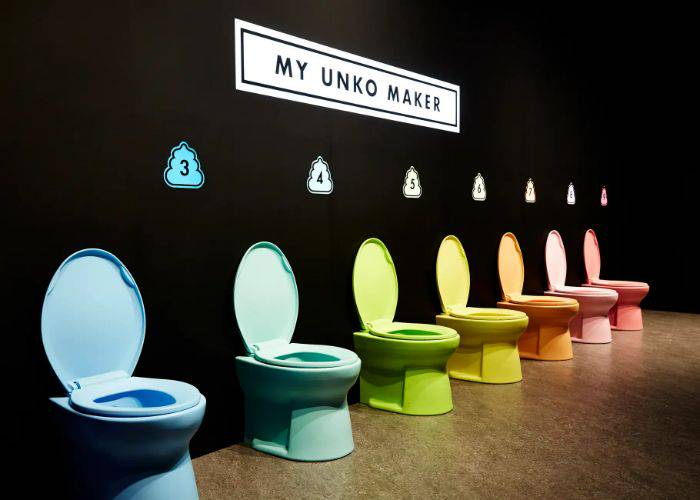 Multicolored toilets underneath 