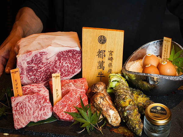 Gourmet Japanese Wagyu beef dish with exotic ingredients at restaurant