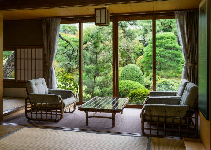 A traditional ryokan room with seats by the window.