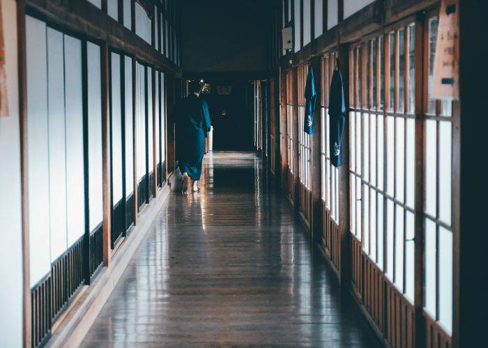 The traditional hallways and shoji doors of a Japanese temple.