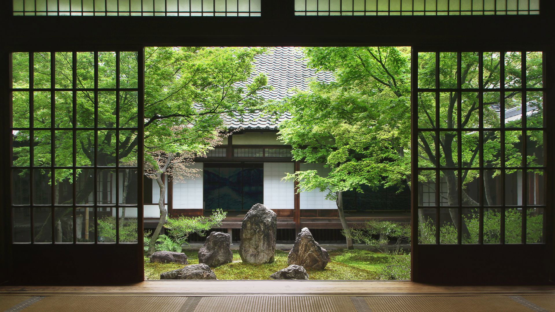 Tranquil Japanese garden view through sliding doors