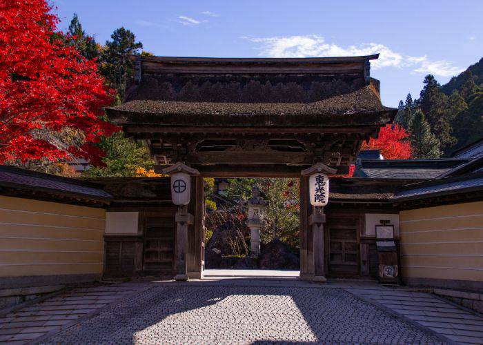 The gate of Eko-in, lined with fall foliage.