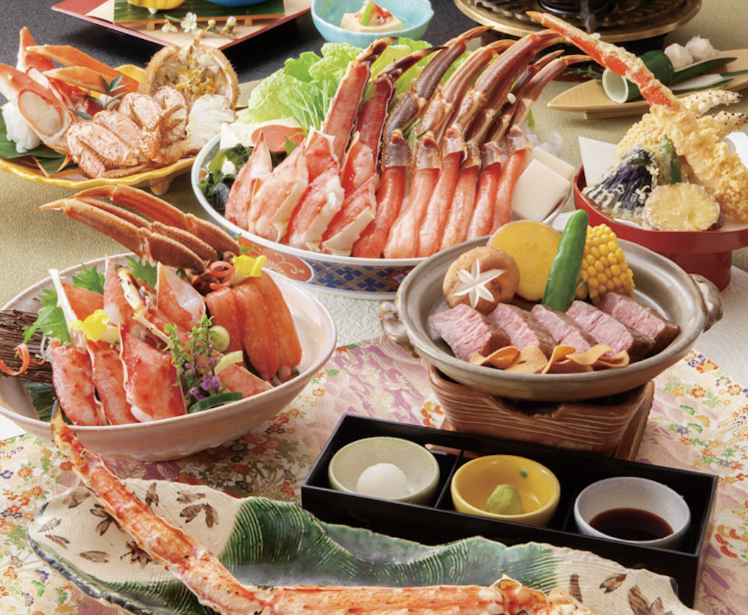Luxury seafood dinner with crab legs and steak on course menu
