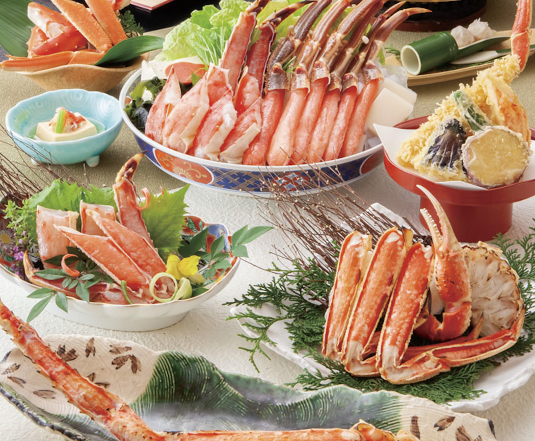 Gourmet seafood course menu with fresh crab and tempura