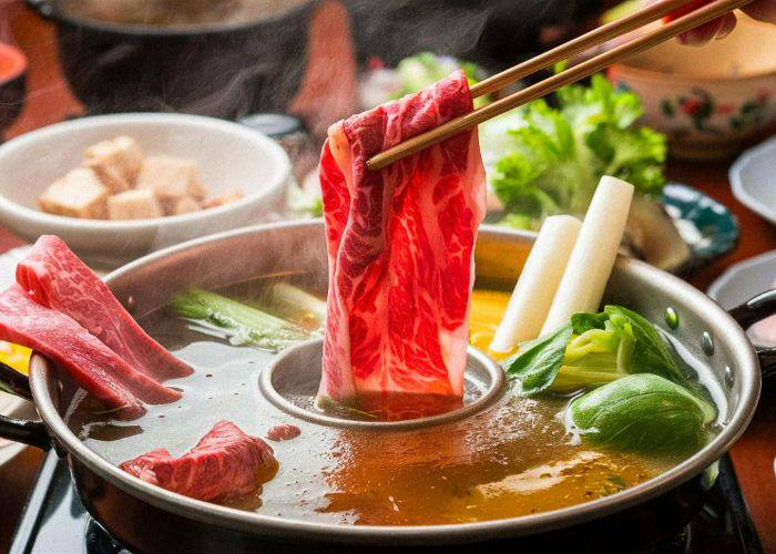 A slice of meat being dunked and cooked in Japanese shabu-shabu.