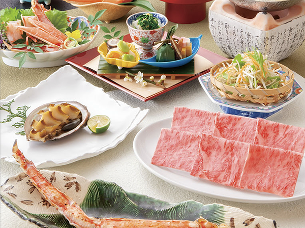 Elegant Japanese seafood and beef delicacies display
