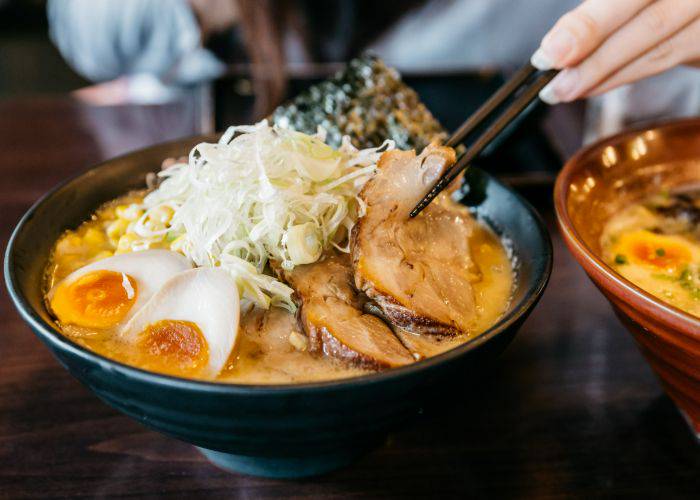 A bowl of luxurious tonkotsu ramen at Takabari Menya.