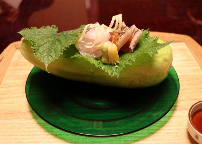 A unique serving of vegetables at a Japanese restaurant.