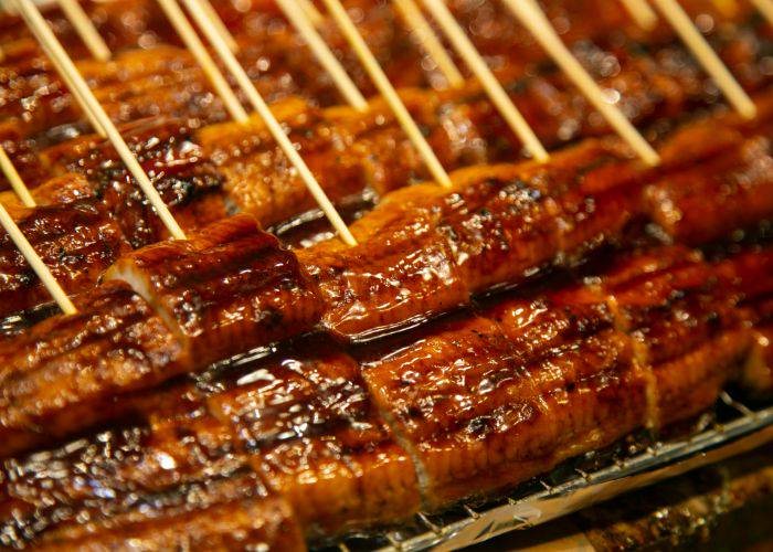 Skewers of unagi at Nishiki Market