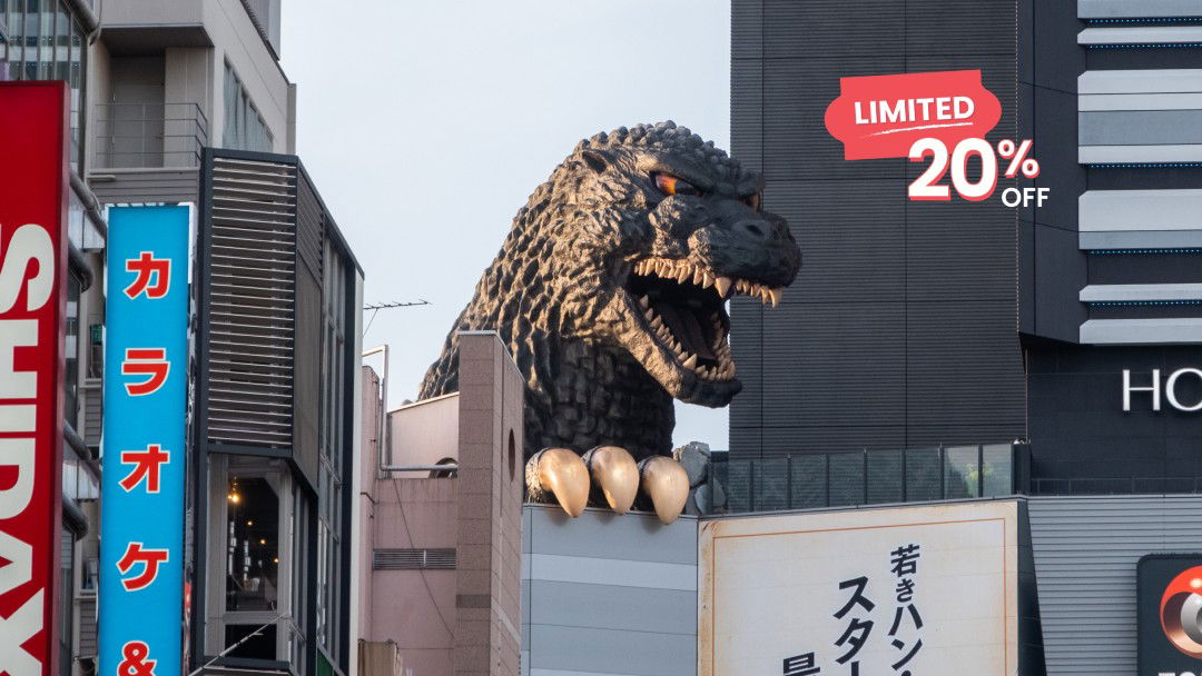 Godzilla looming over Kabukicho, Shinjuku.
