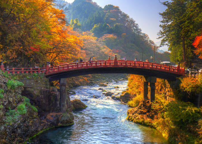 Nikko's famous Shinkyo Bridge, surrounded by fall foliage.