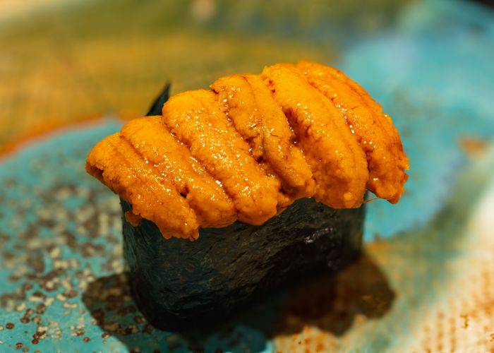Uni gunkan-maki sushi on a plate