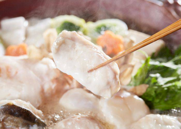 A steaming fugu nabe hot pot, featuring chunky fugu pieces and fresh veggies.