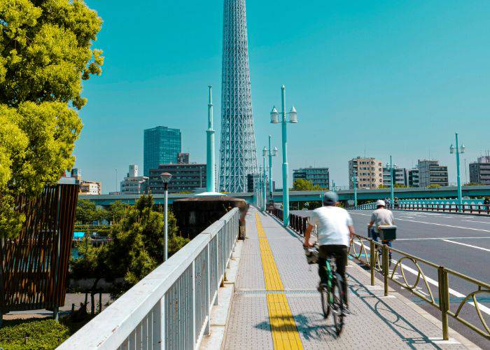 People cycling towards the Tokyo Skytree.