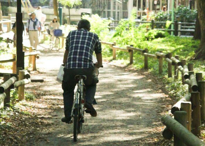 An older man in a check shirt cycling through Inokashira Park.