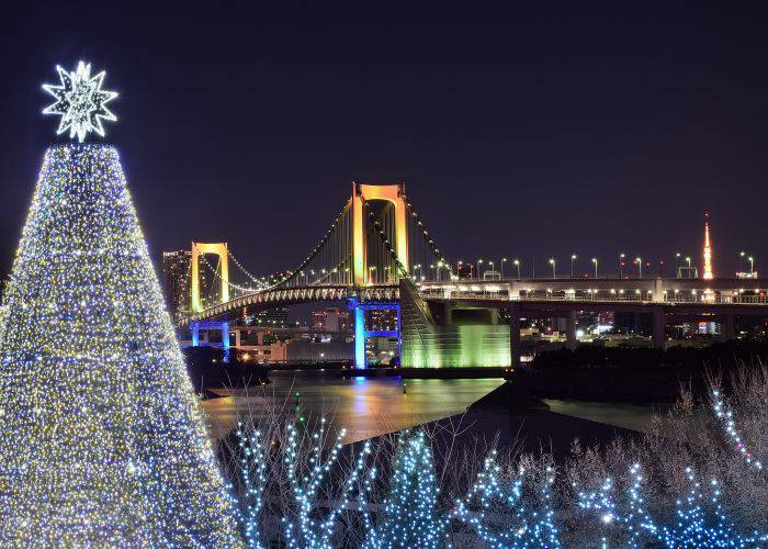 Christmas decorations lining the shores of Odaiba, looking across Rainbow Bridge.