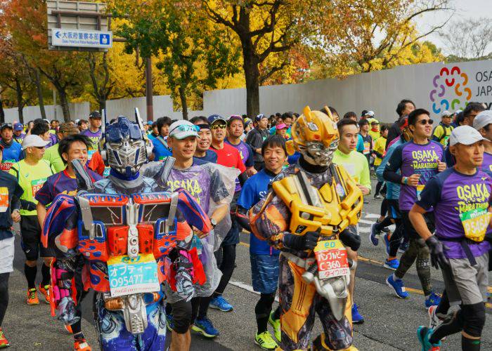 Two marathon runners dressed as Transformers during the Osaka Marathon.