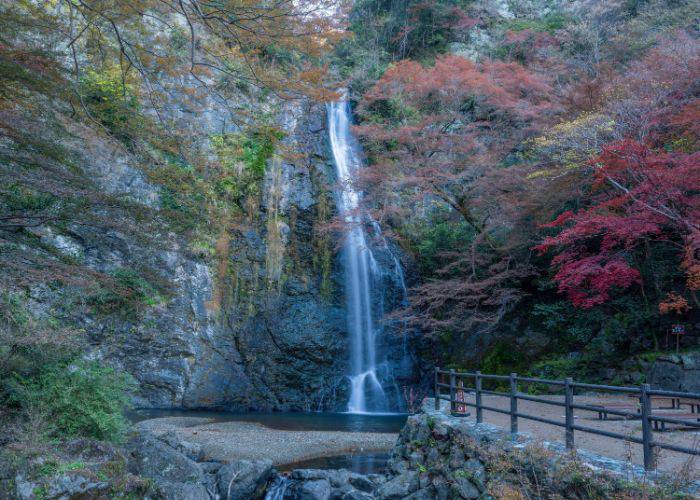 Osaka's famous Minoh Falls, framed by fall foliage.