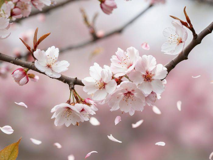 Cherry blossoms and their petals fluttering in the wind.