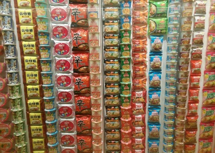 Wall of various Nisshin ramen at the Cup Noodles Museum in Yokohama