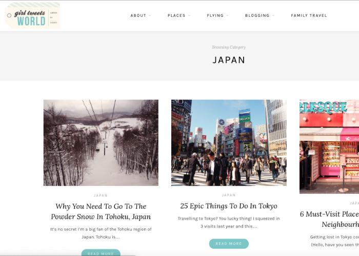 Travel blog homepage featuring "25 Epic Things To Do In Tokyo" and more Japan travel tips 