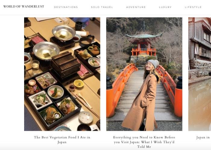 Japan travel homepage for World of Wanderlust, featuring articles like "The Best Vegetarian Food I Ate in Japan"