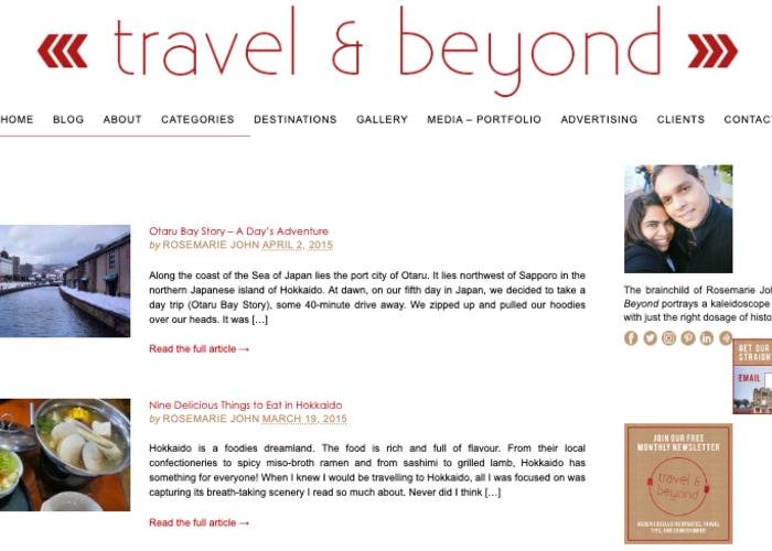 Travel and Beyond webpage featuring "Nine Delicious Things to Eat in Hokkaido" and more
