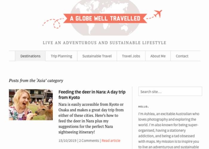 Homepage for Australian Travel Blog,  A Globe Well Travelled, with pictures from destinations like Nara