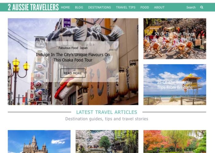 Homepage for 2 Aussie Travellers, an Australian travel blog
