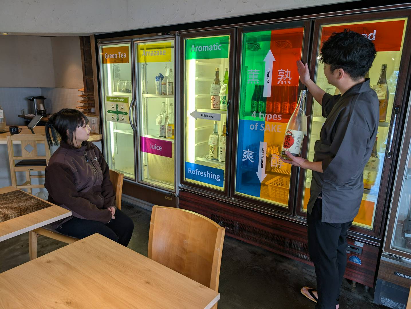 Man explaining sake types to a woman in a beverage shop