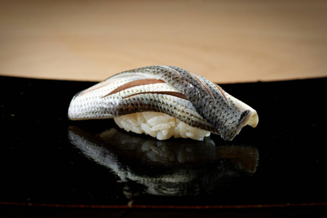 Gourmet nigiri sushi with fresh fish on black plate
