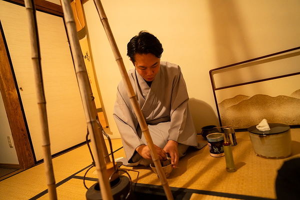 Traditional Japanese tea ceremony in tatami room