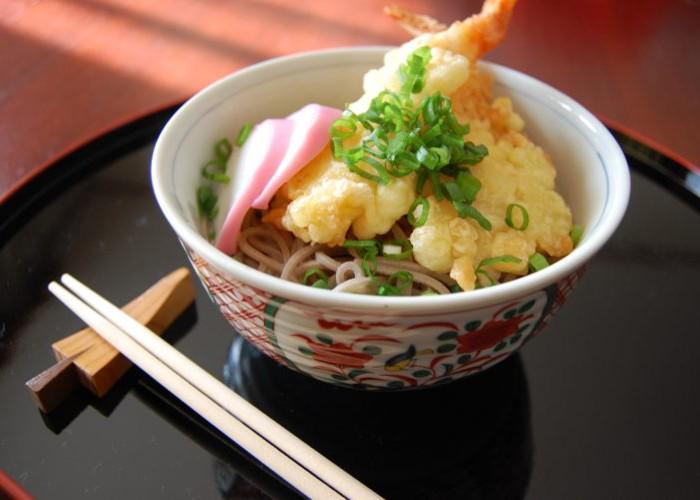 A bowl of toshikoshi soba, Japanese New Year soba noodles, topped with shrimp tempura