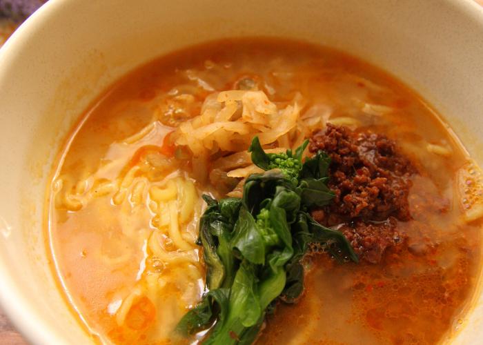 Ramen from a vegetarian restaurant in Hiroshima, topped with fake meat and veggies