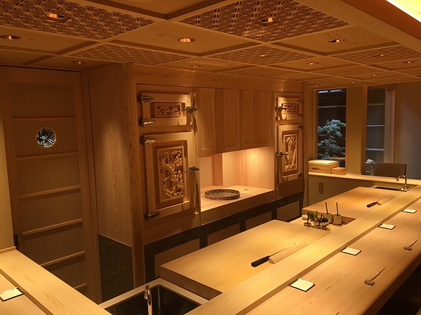 Elegant modern sushi bar with traditional wooden decor