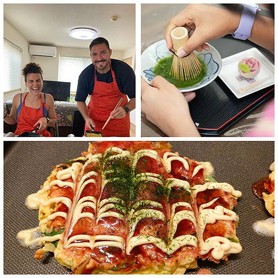 Couple enjoying Japanese cooking class making okonomiyaki and matcha.