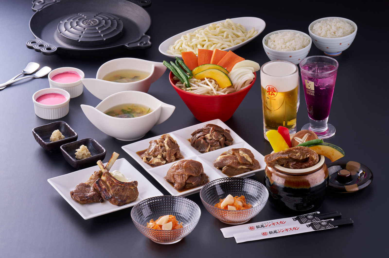 Japanese BBQ course with lamb chops, vegetables, and rice