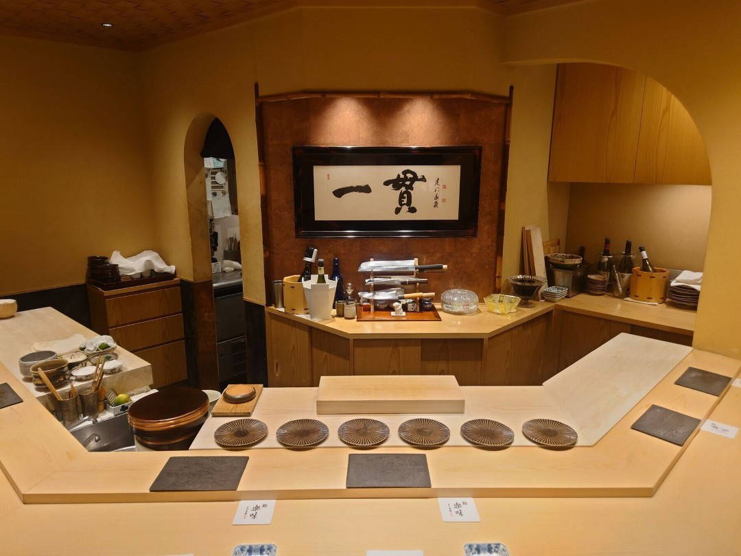 Traditional sushi bar interior with wooden decor and elegant setup