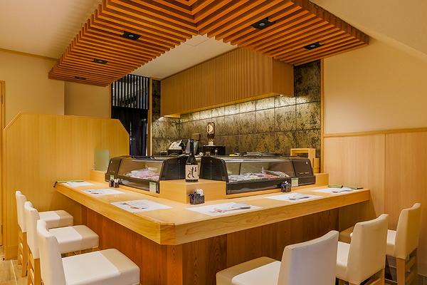 Elegant sushi bar with modern wooden interior design