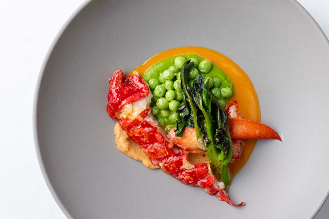 Gourmet lobster dish with green peas and sauce on gray plate