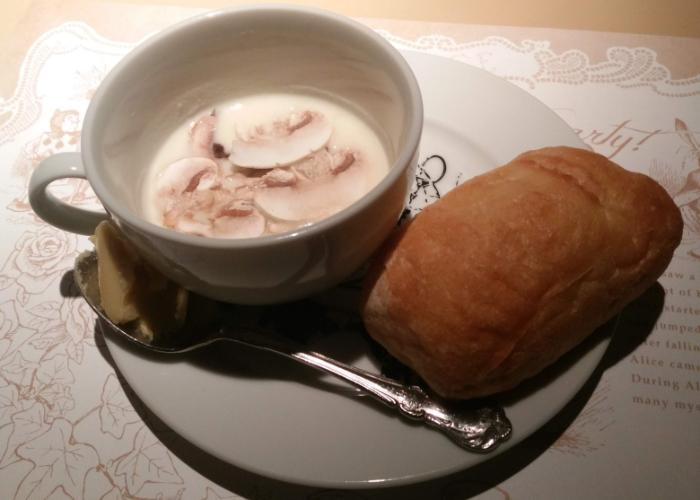 Cheesy mushroom soup from Alice in Wonderland themed restaurant in Tokyo