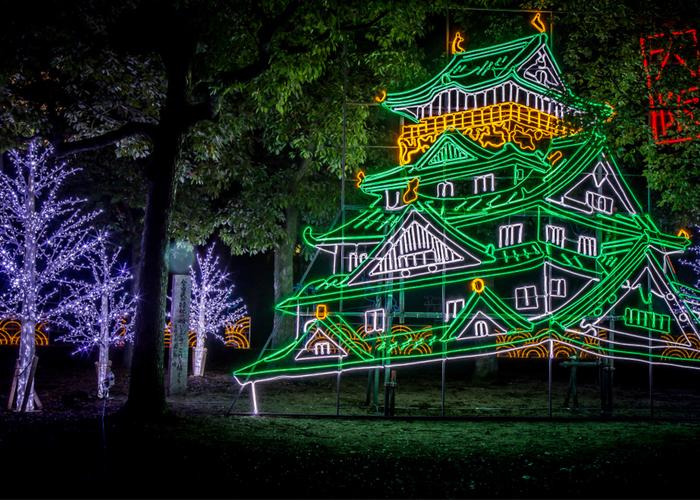 Winter Illumination Events in Osaka - Illumination of the Osaka Castle, Osaka Castle made of neon-lights and illumination decorated trees