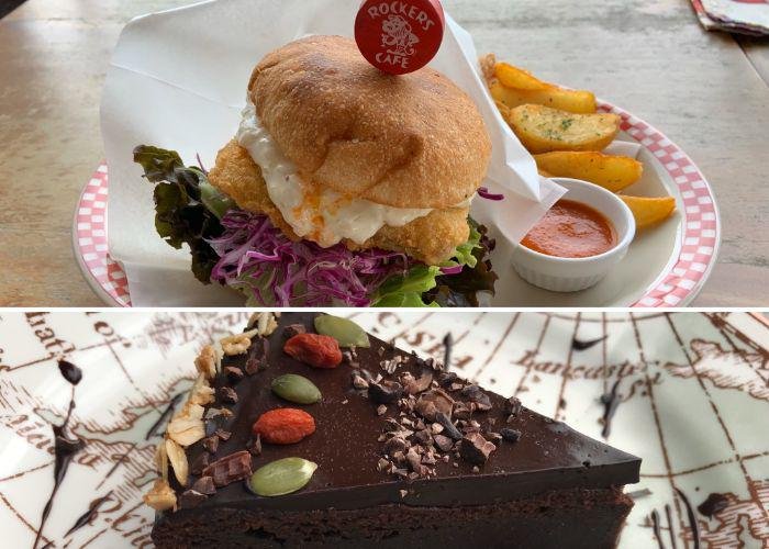 Vegan chocolate tart and burger from Rockers Cafe Okinawa
