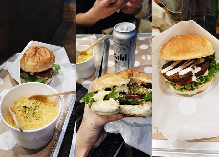 Vegan falafel burger and mac and cheese from Ain Soph Shinjuku