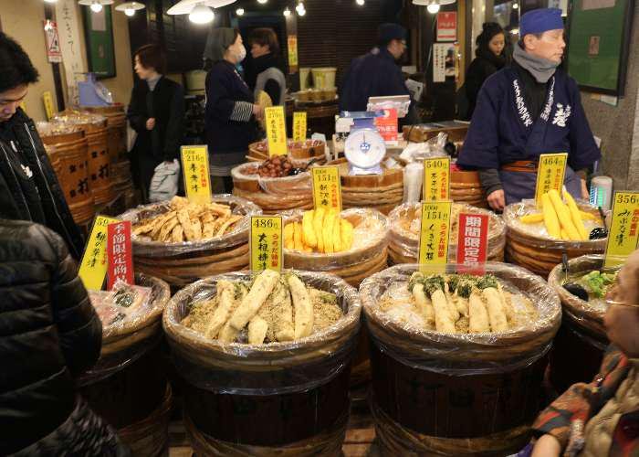 Shop with tsukemono (pickled vegetables) in wooden barrels