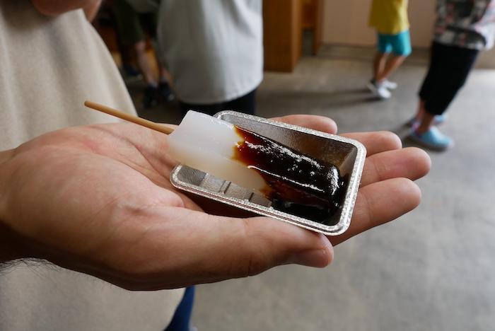 Konnyaku oden slathered in a dark red miso sauce from Nagoya