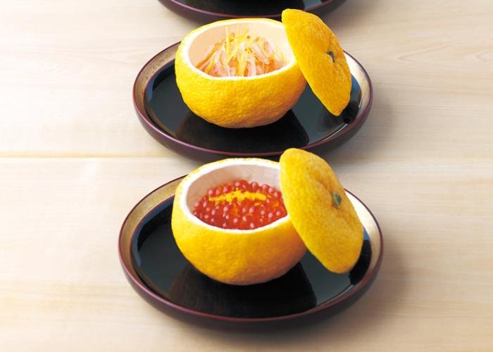 Yuzu-gama; yuzu fruits stuffed with side dishes