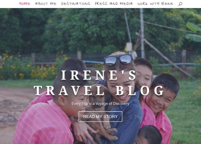 Irene's Travel Blog homepage with a photo of Singaporean travel blogger Irene smiling as she holds a dog, surrounded by children