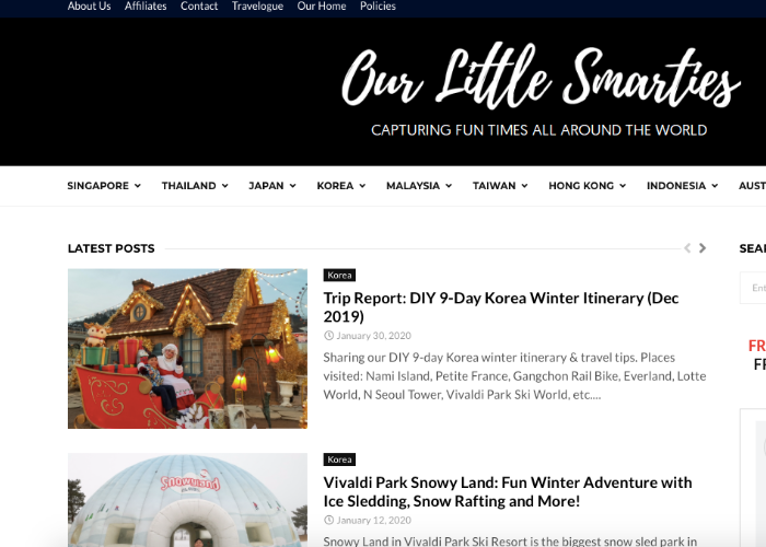 Singaporean blog, Our Little Smarties homepage with latest posts