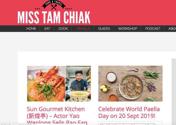 Travel homepage for Singaporean travel blog, Miss Tam Chiak
